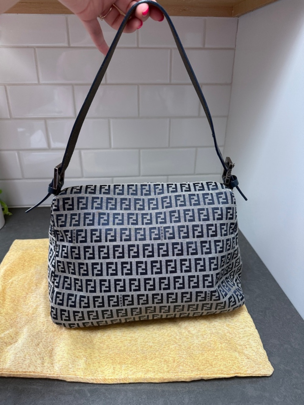 Fendi Zucca Mama Baguette Navy Blue Silver Hardware - Picture 3 of 12